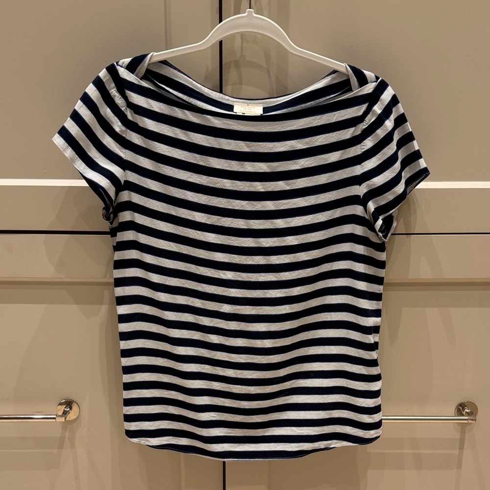 Kate Spade Blue and White Striped Short Sleeve Sailor Wide Neck Top
